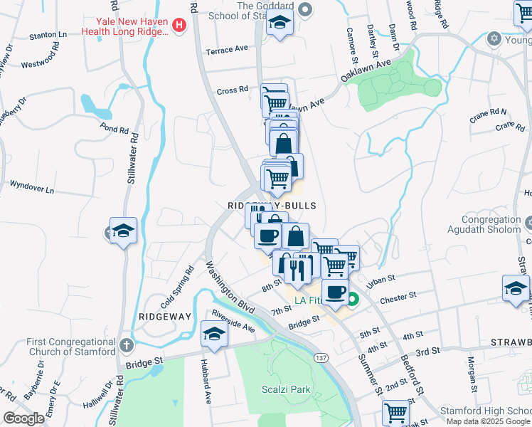 map of restaurants, bars, coffee shops, grocery stores, and more near 19 High Ridge Road in Stamford