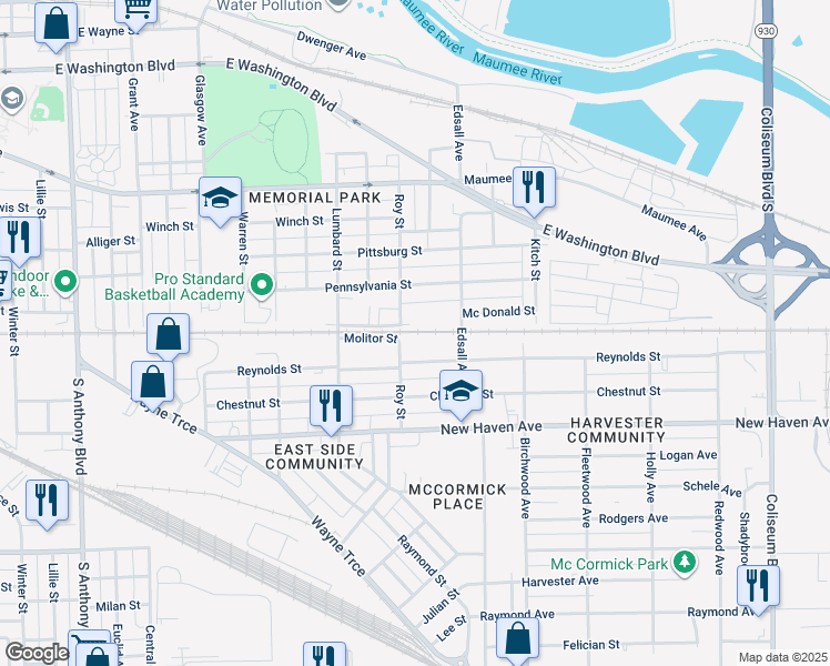 map of restaurants, bars, coffee shops, grocery stores, and more near in Fort Wayne