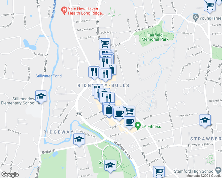 map of restaurants, bars, coffee shops, grocery stores, and more near 2715 Bedford Street in Stamford