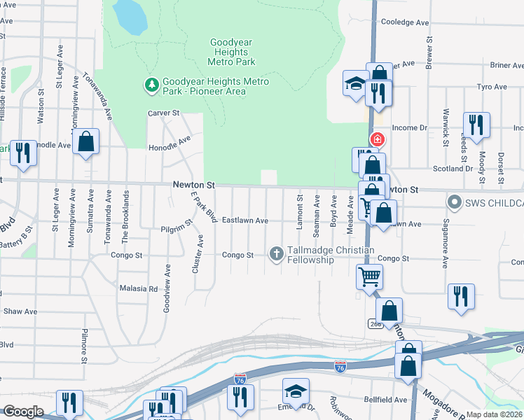 map of restaurants, bars, coffee shops, grocery stores, and more near 476 Newell Avenue in Akron