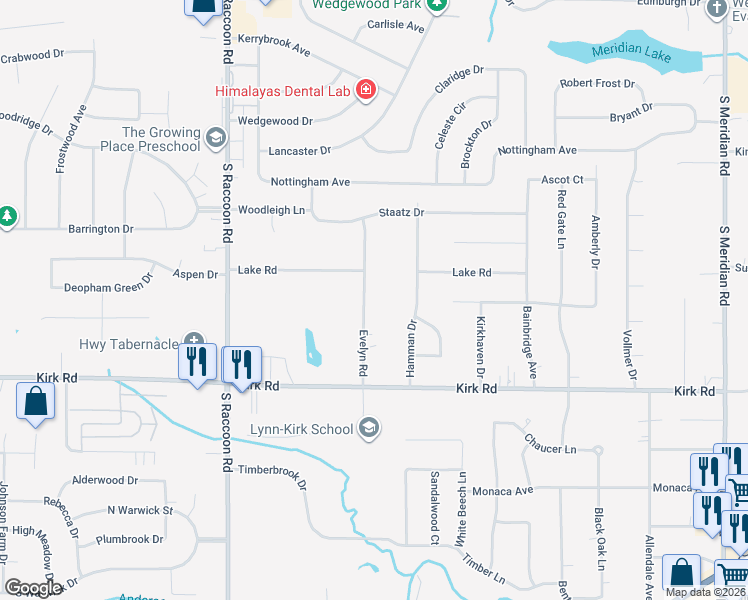 map of restaurants, bars, coffee shops, grocery stores, and more near 2821 Evelyn Road in Youngstown