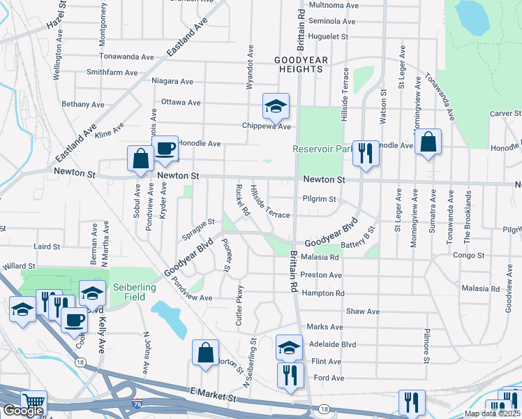 map of restaurants, bars, coffee shops, grocery stores, and more near 1490 Hillside Terrace in Akron