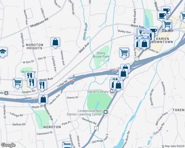 map of restaurants, bars, coffee shops, grocery stores, and more near Governor John Davis Lodge Turnpike in Darien