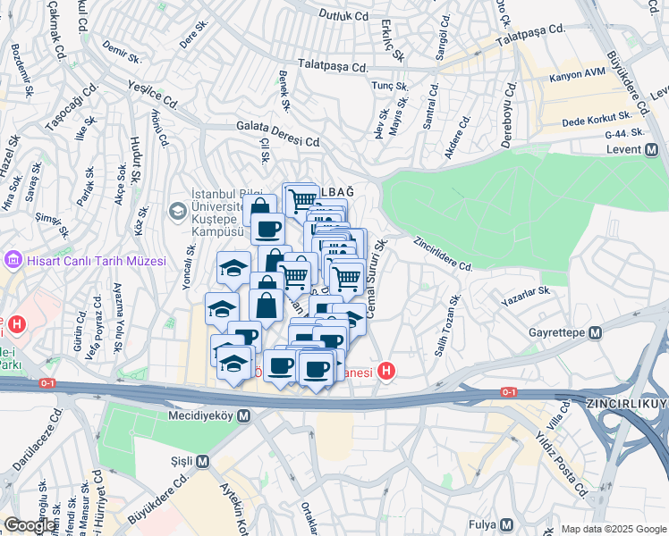 map of restaurants, bars, coffee shops, grocery stores, and more near 36/3 Şehit Ertuğrul Kabataş Caddesi in Şişli
