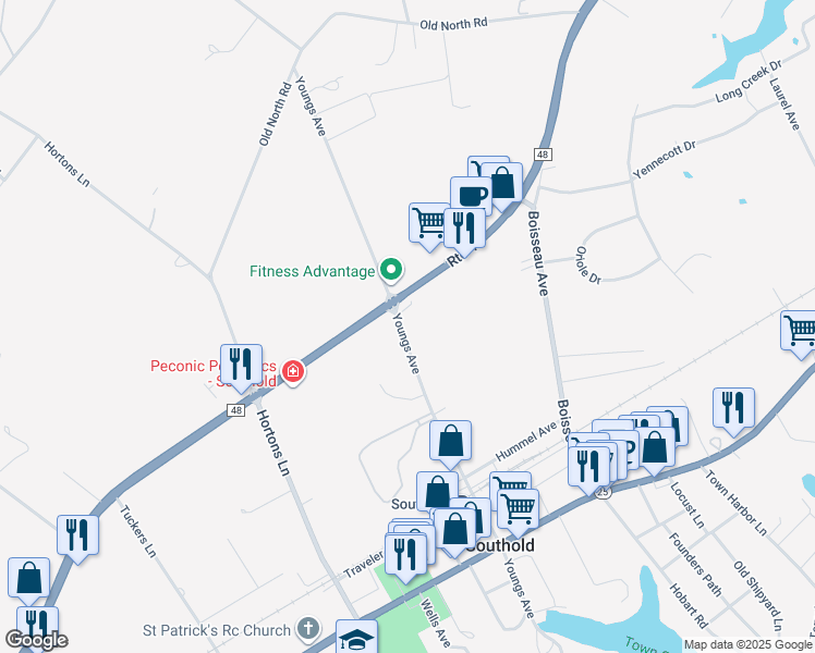 map of restaurants, bars, coffee shops, grocery stores, and more near 3400 Youngs Avenue in Southold
