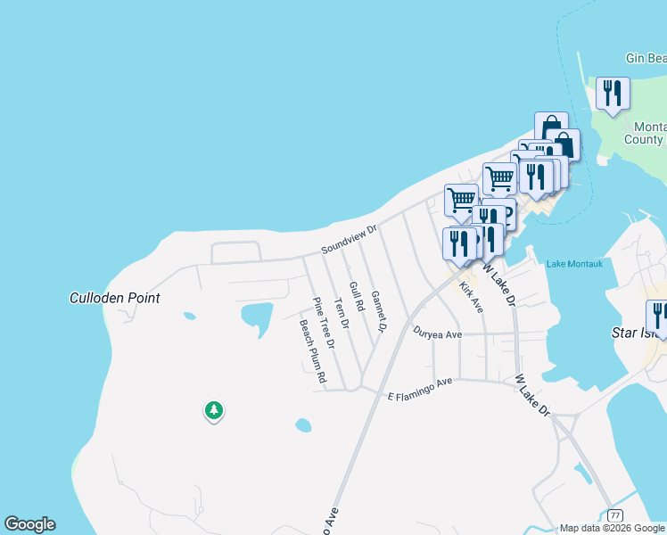 map of restaurants, bars, coffee shops, grocery stores, and more near 11 Tern Drive in Montauk