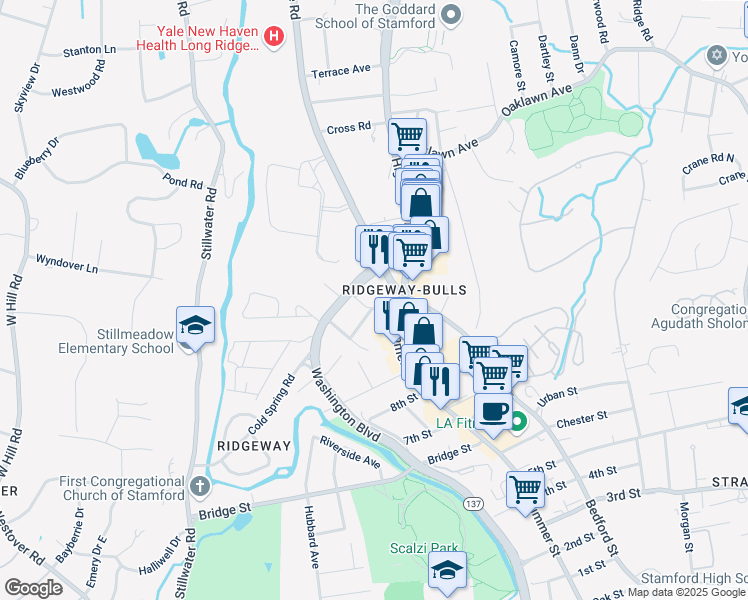 map of restaurants, bars, coffee shops, grocery stores, and more near 4 Hoover Avenue in Stamford
