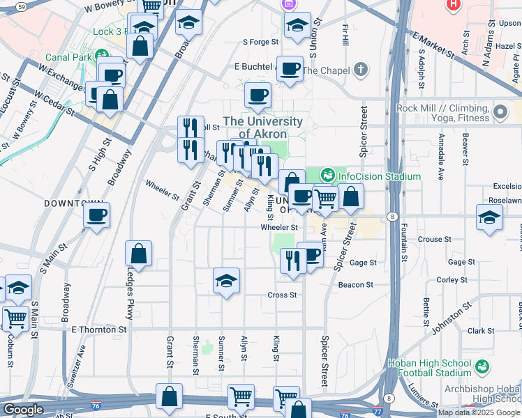 map of restaurants, bars, coffee shops, grocery stores, and more near 317 Torrey Street in Akron