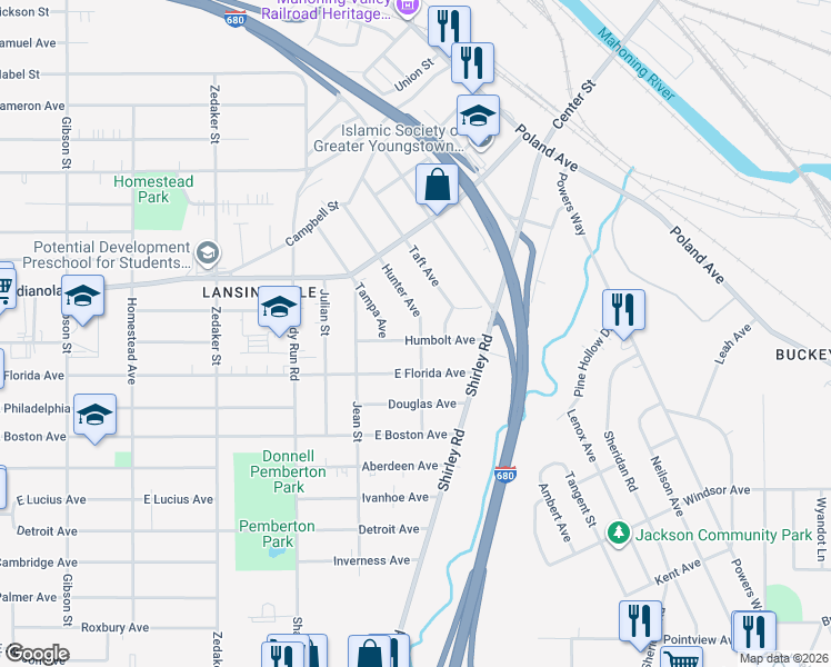 map of restaurants, bars, coffee shops, grocery stores, and more near 1360 Humbolt Avenue in Youngstown