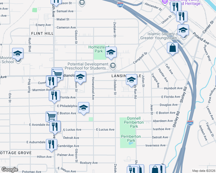 map of restaurants, bars, coffee shops, grocery stores, and more near 852 Marmion Avenue in Youngstown
