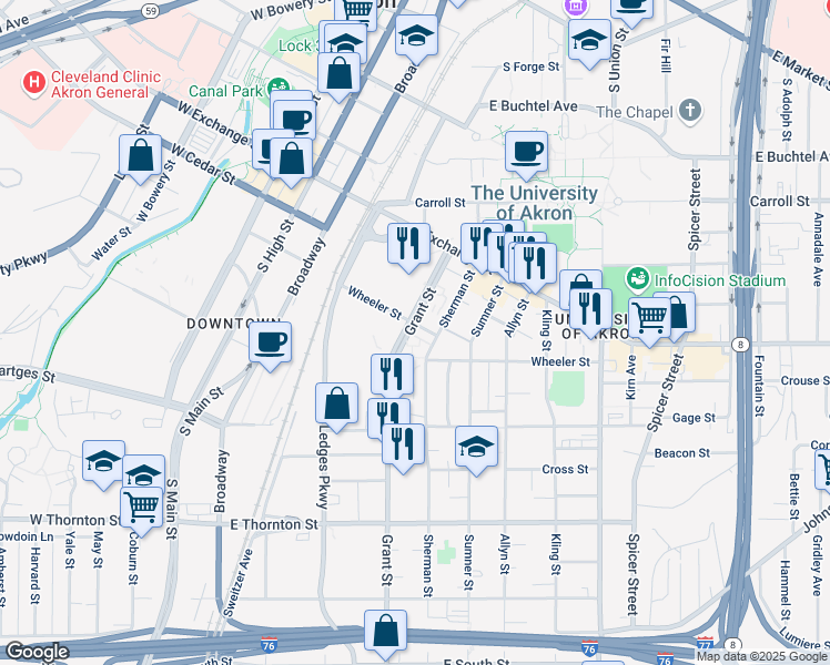 map of restaurants, bars, coffee shops, grocery stores, and more near in Akron