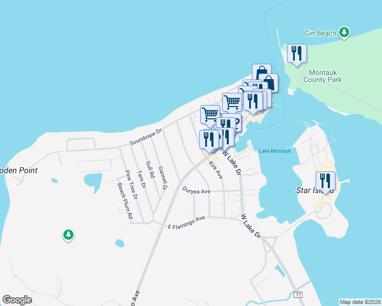 map of restaurants, bars, coffee shops, grocery stores, and more near 39 Mulford Avenue in Montauk