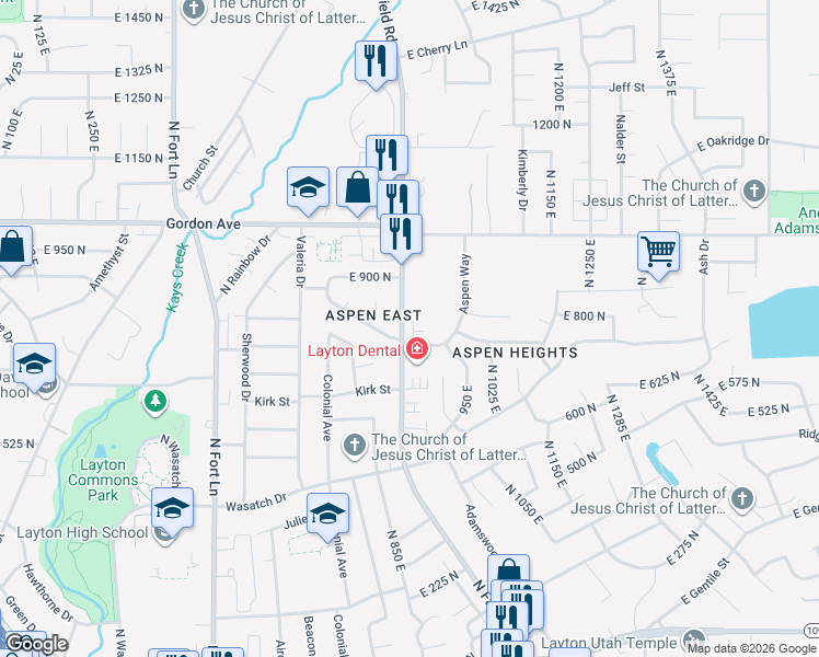 map of restaurants, bars, coffee shops, grocery stores, and more near 751 Aspen Way in Layton