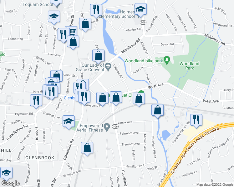 map of restaurants, bars, coffee shops, grocery stores, and more near 30 Maple Tree Avenue in Stamford