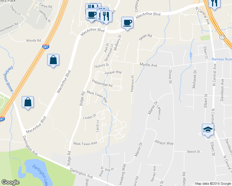 map of restaurants, bars, coffee shops, grocery stores, and more near 652 Plum Terrace in Mahwah