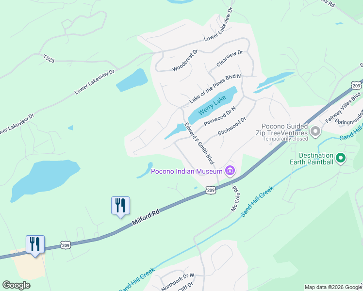map of restaurants, bars, coffee shops, grocery stores, and more near 156 Lake of the Pines in East Stroudsburg