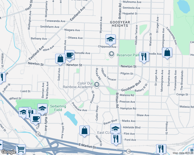 map of restaurants, bars, coffee shops, grocery stores, and more near 348 Ruckel Road in Akron