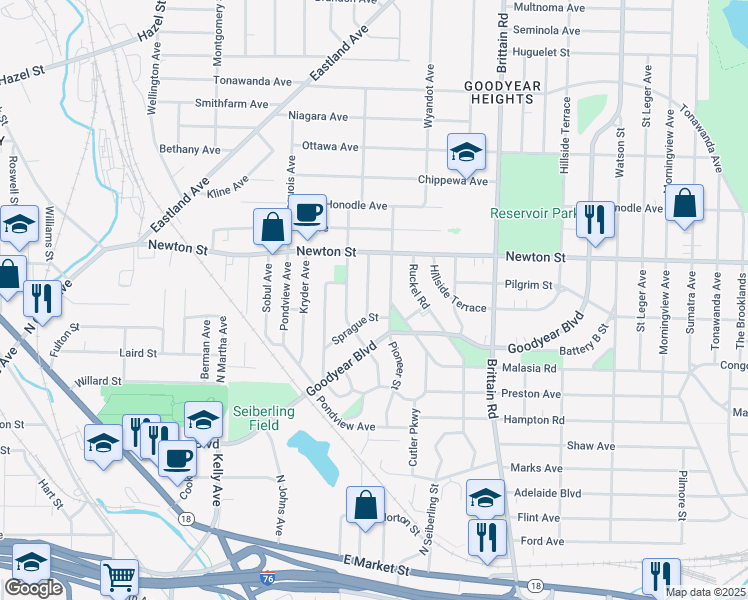 map of restaurants, bars, coffee shops, grocery stores, and more near 314 Pioneer Street in Akron