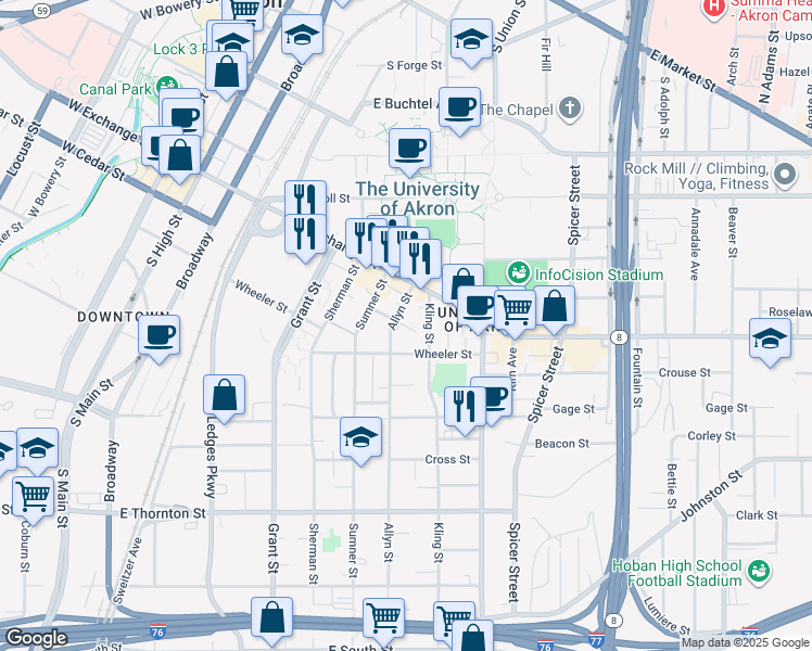 map of restaurants, bars, coffee shops, grocery stores, and more near 300 Torrey Street in Akron