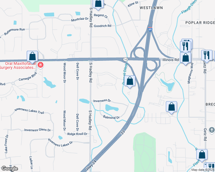 map of restaurants, bars, coffee shops, grocery stores, and more near 6 Pointe Inverness Way in Fort Wayne