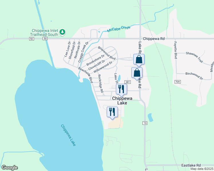 map of restaurants, bars, coffee shops, grocery stores, and more near 5938 3rd Street in Chippewa Lake