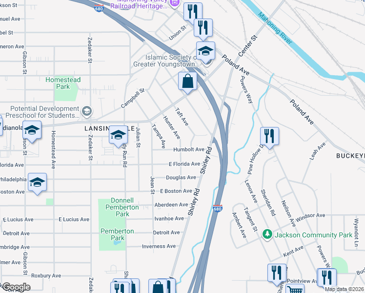 map of restaurants, bars, coffee shops, grocery stores, and more near 1360 Humbolt Avenue in Youngstown