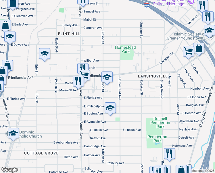 map of restaurants, bars, coffee shops, grocery stores, and more near 2725 Gibson Street in Youngstown
