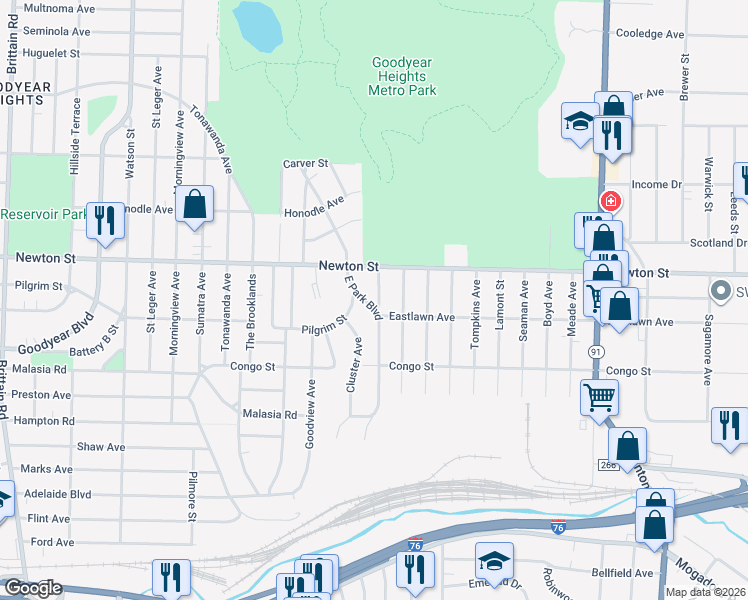map of restaurants, bars, coffee shops, grocery stores, and more near 344 Booth Ave in Akron