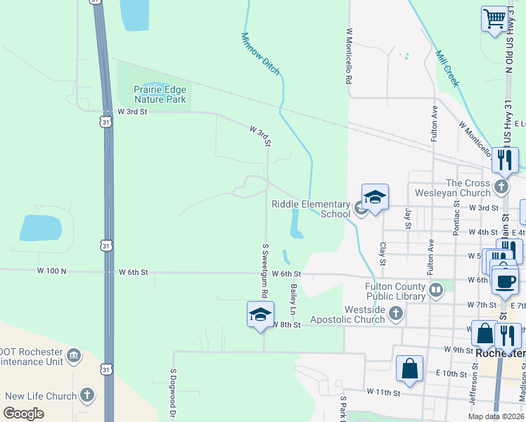 map of restaurants, bars, coffee shops, grocery stores, and more near 322 South Sweetgum Road in Rochester