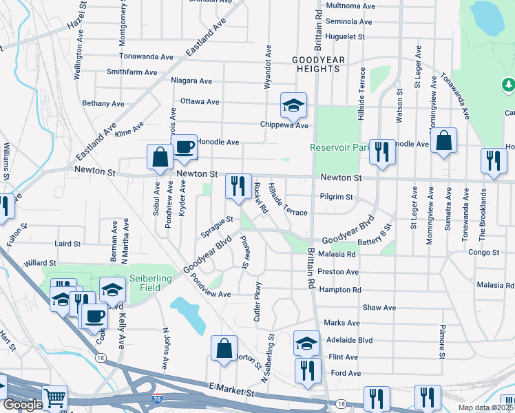 map of restaurants, bars, coffee shops, grocery stores, and more near 348 Ruckel Road in Akron