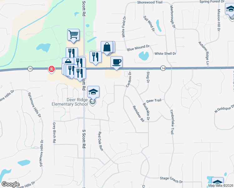 map of restaurants, bars, coffee shops, grocery stores, and more near 1503 Silver Linden Court in Fort Wayne