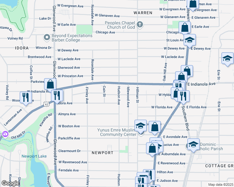 map of restaurants, bars, coffee shops, grocery stores, and more near 2736 Hudson Avenue in Youngstown