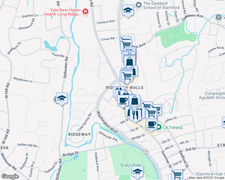 map of restaurants, bars, coffee shops, grocery stores, and more near 8 Hoover Avenue in Stamford