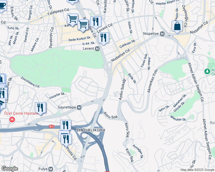 map of restaurants, bars, coffee shops, grocery stores, and more near 185 Büyükdere Caddesi in Istanbul
