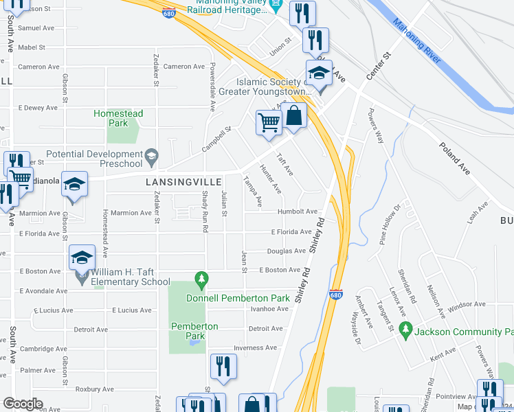 map of restaurants, bars, coffee shops, grocery stores, and more near 1324 Humbolt Avenue in Youngstown