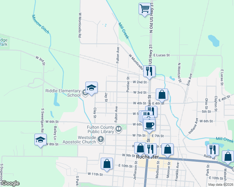 map of restaurants, bars, coffee shops, grocery stores, and more near Fulton Avenue in Rochester
