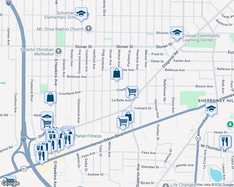 map of restaurants, bars, coffee shops, grocery stores, and more near 1230 Winton Avenue in Akron