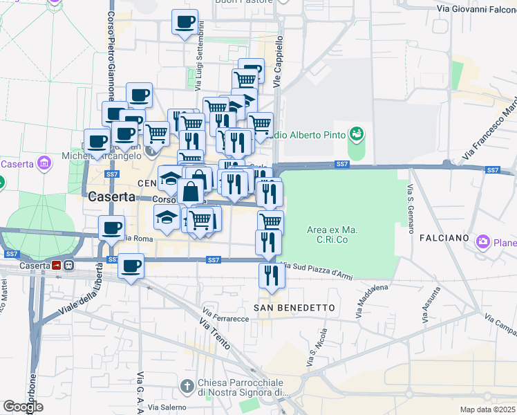 map of restaurants, bars, coffee shops, grocery stores, and more near 198 Corso Trieste in Caserta