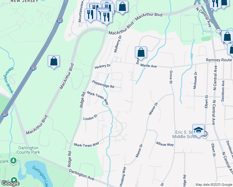 map of restaurants, bars, coffee shops, grocery stores, and more near 652 Plum Terrace in Mahwah