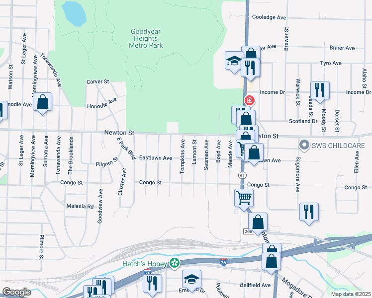 map of restaurants, bars, coffee shops, grocery stores, and more near 495 Tompkins Ave in Akron