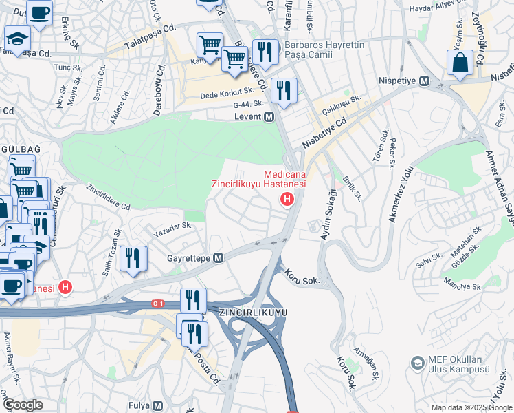 map of restaurants, bars, coffee shops, grocery stores, and more near Yüzbaşı Kaya Aldogan Sokak in İstanbul