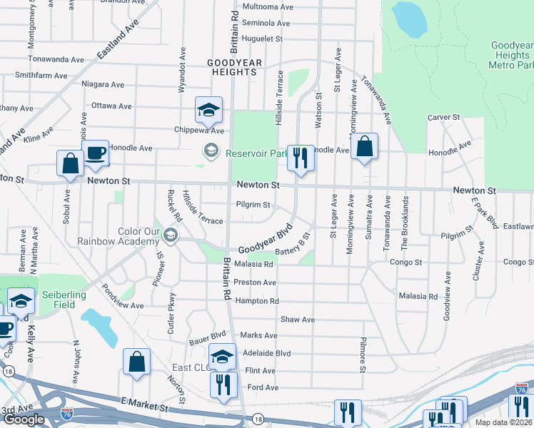 map of restaurants, bars, coffee shops, grocery stores, and more near 1617 Hillside Terrace in Akron