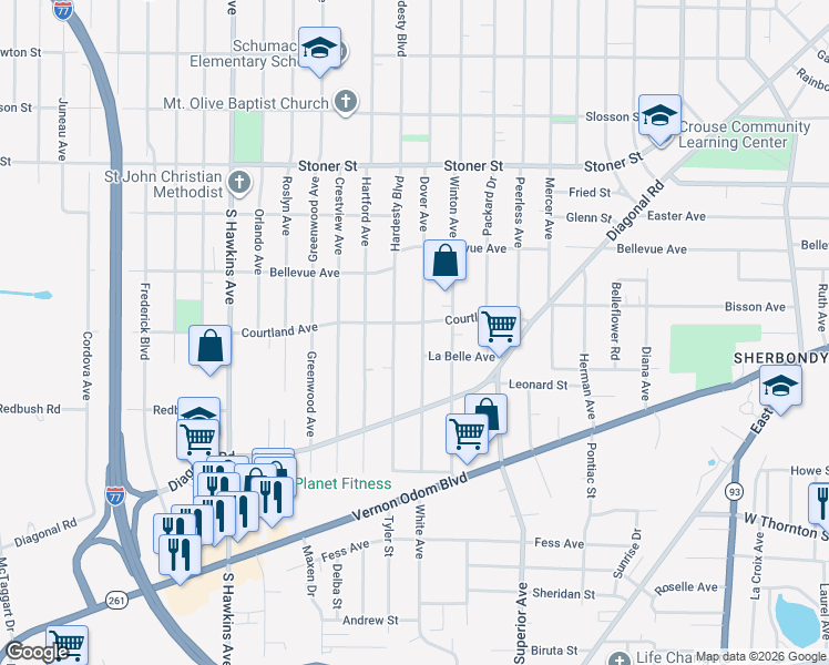 map of restaurants, bars, coffee shops, grocery stores, and more near 1258 Dover Avenue in Akron