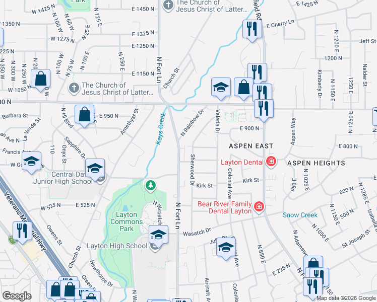 map of restaurants, bars, coffee shops, grocery stores, and more near 785 North Sherwood Drive in Layton