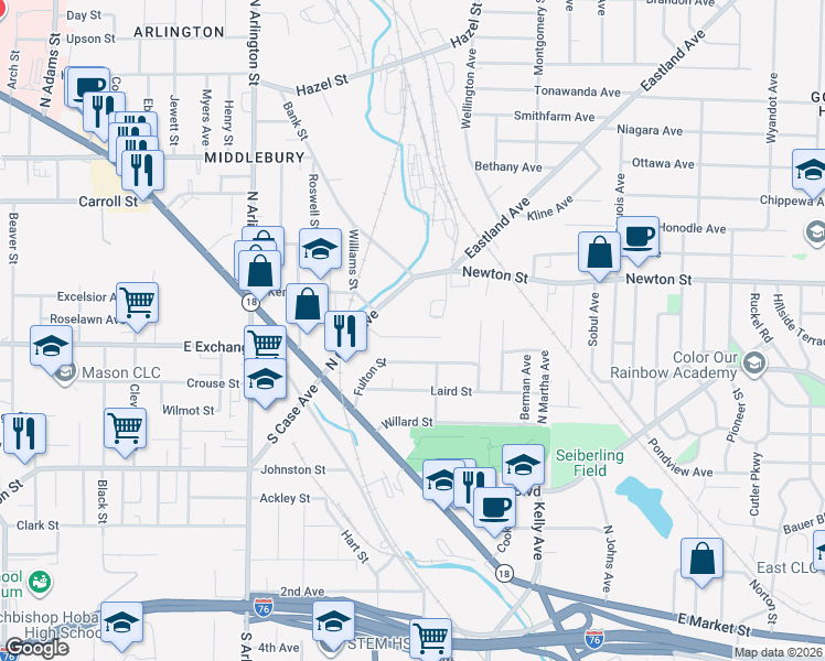map of restaurants, bars, coffee shops, grocery stores, and more near 1065 Dublin Street in Akron