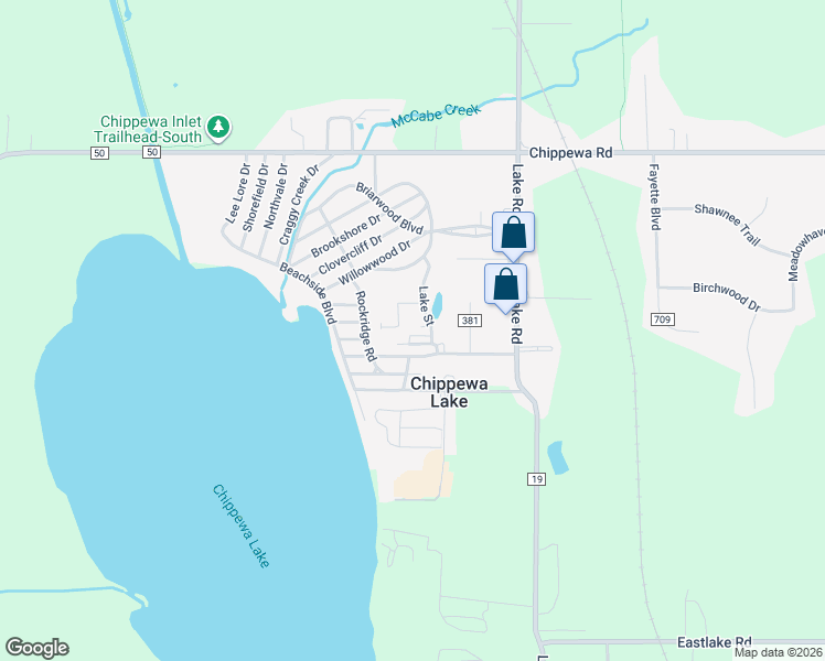 map of restaurants, bars, coffee shops, grocery stores, and more near 5938 3rd Street in Chippewa Lake