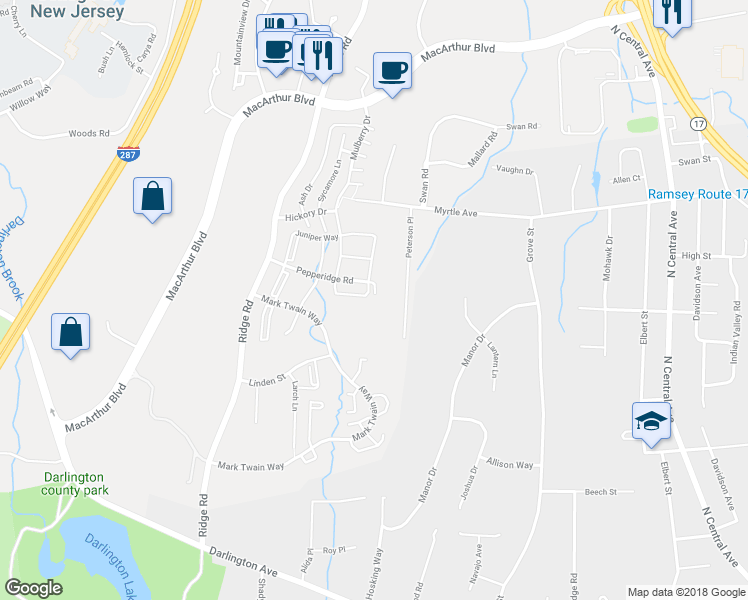 map of restaurants, bars, coffee shops, grocery stores, and more near 669 Juniper Way in Mahwah