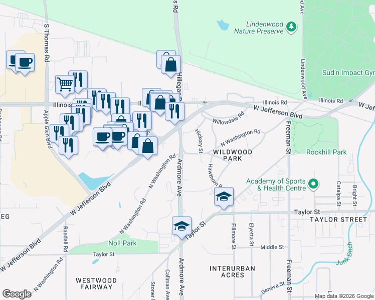 map of restaurants, bars, coffee shops, grocery stores, and more near 3728 North Washington Road in Fort Wayne