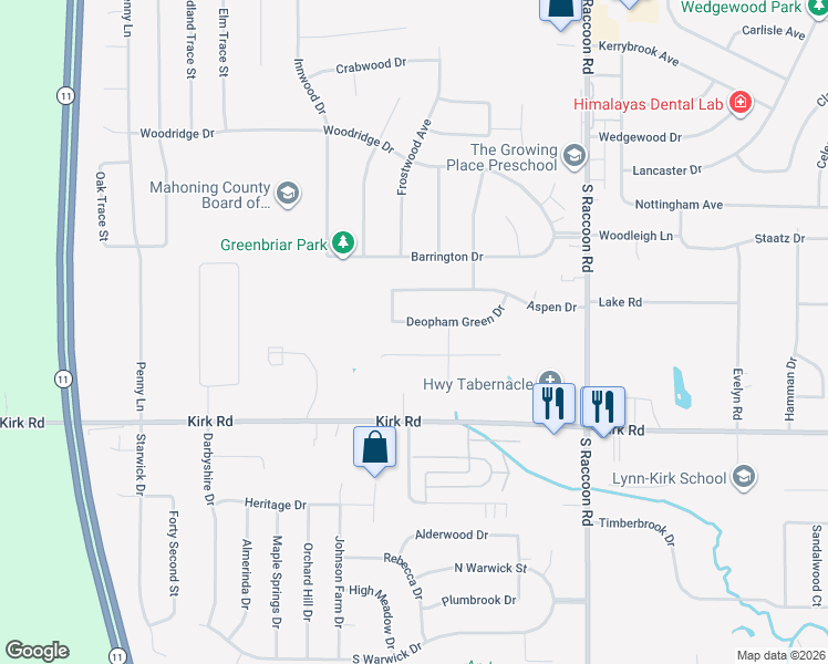 map of restaurants, bars, coffee shops, grocery stores, and more near 4595 Deopham Green Drive in Youngstown