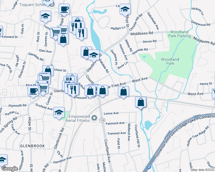 map of restaurants, bars, coffee shops, grocery stores, and more near 30 Maple Tree Avenue in Stamford